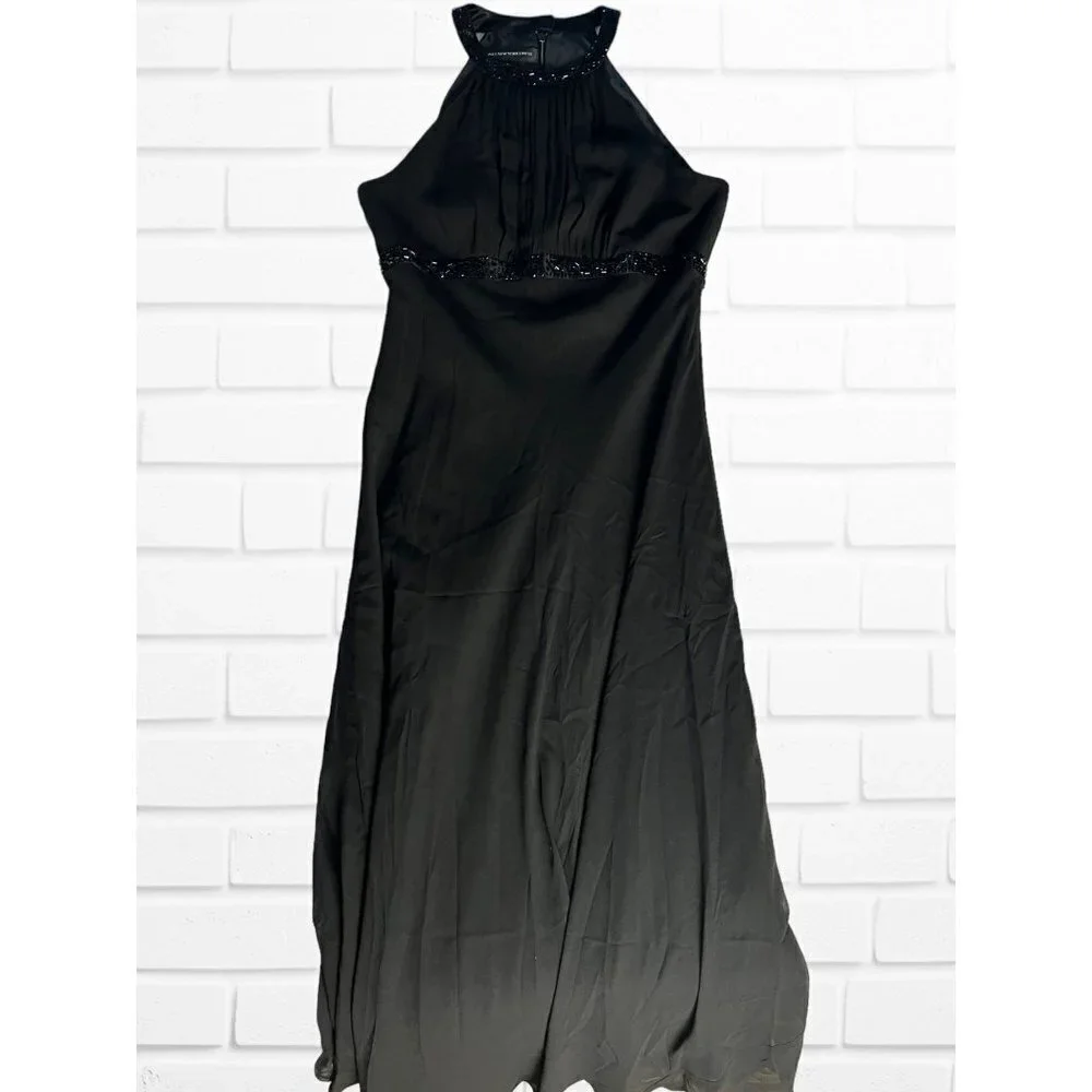 Jones‎ New York Dress Women's Sz 8 Black Formal Midi Beaded 100% Silk Halter